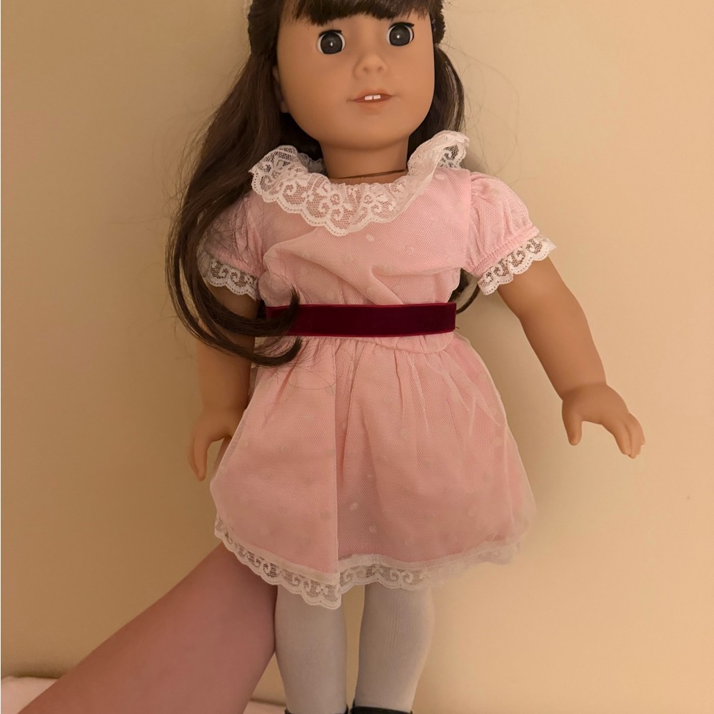 American Girl Samantha 18in Doll Pink Lace Doll Dress with Burgundy Belt